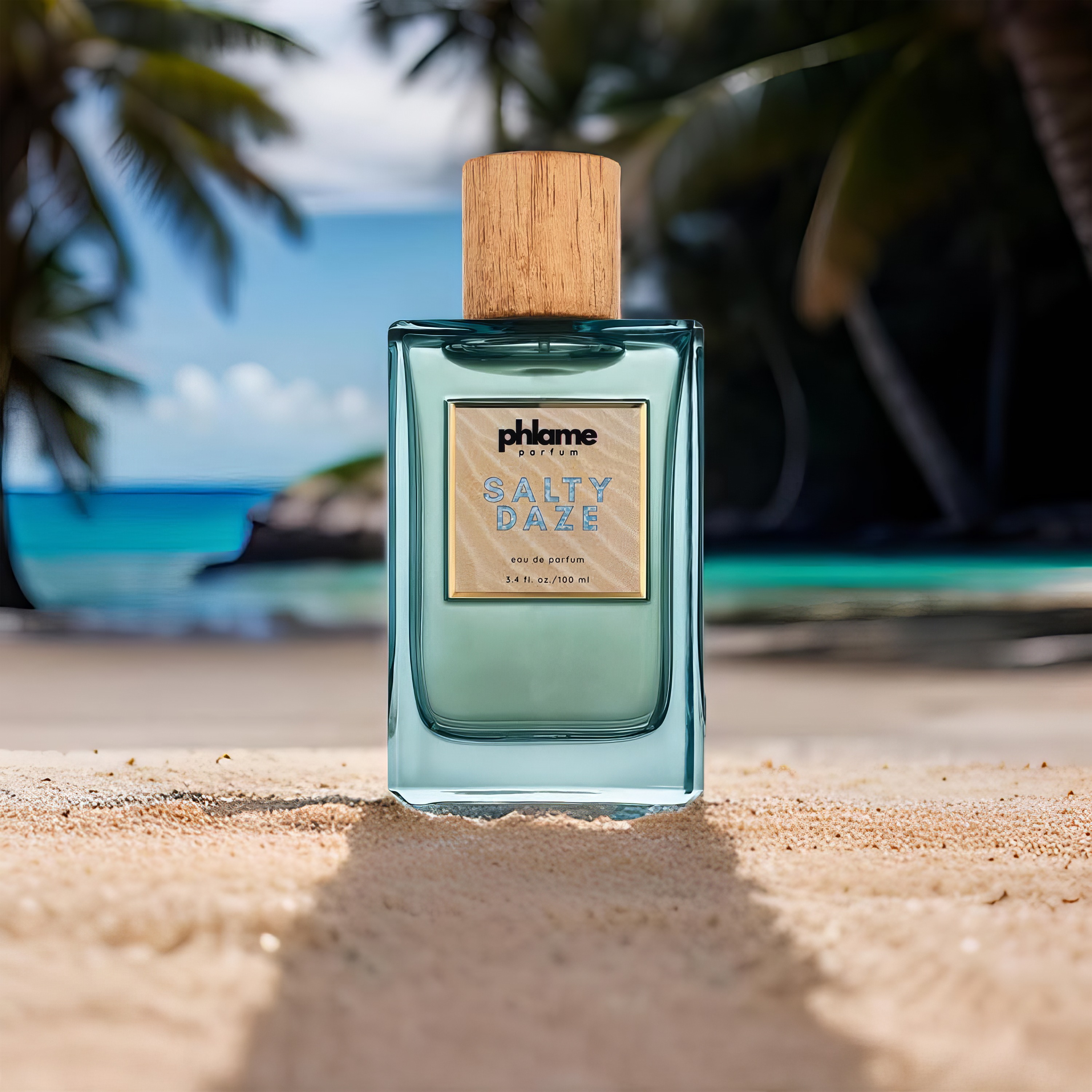Luxury perfume bottle on beach sand with tropical background
