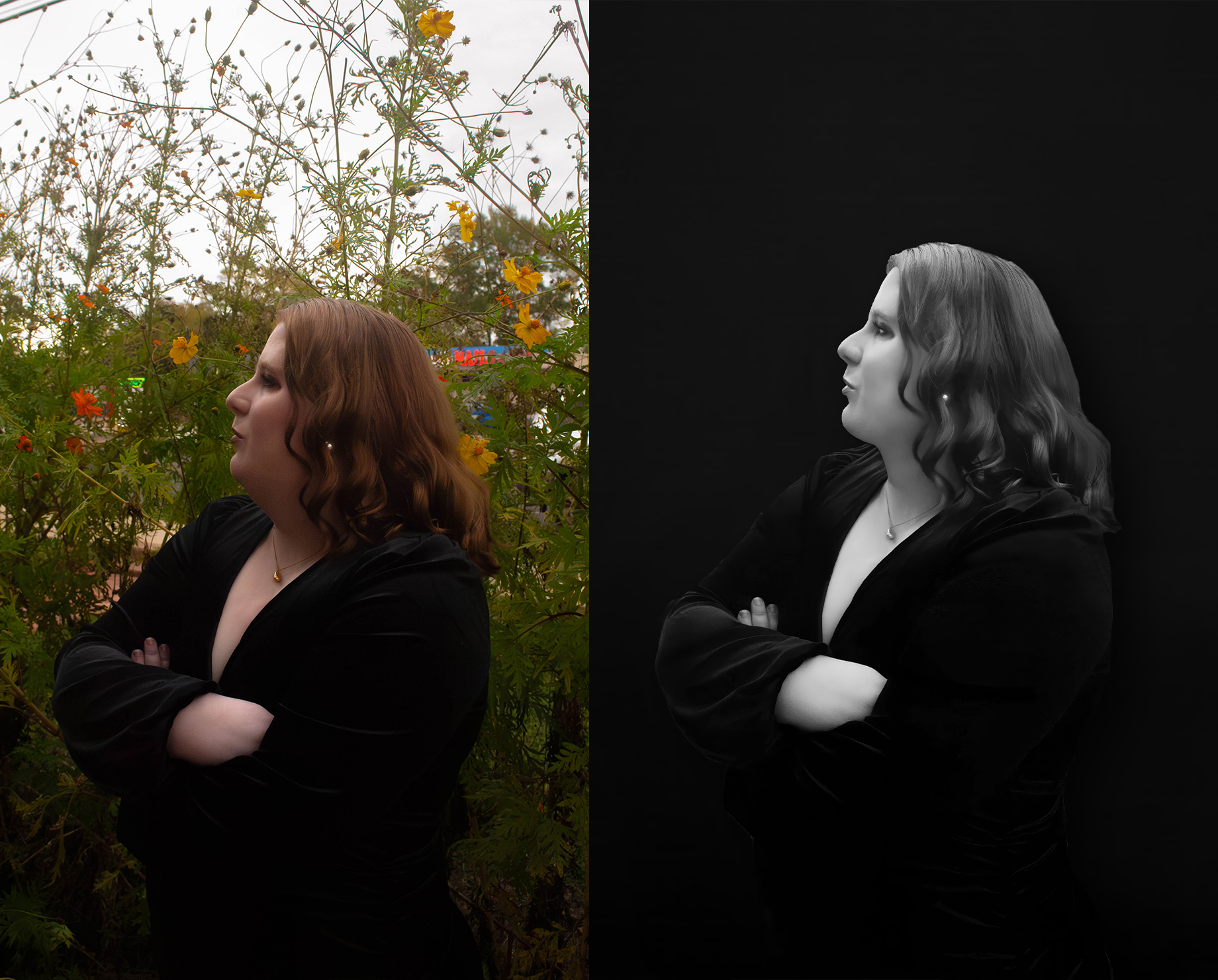 Professional portrait transformation from casual to corporate