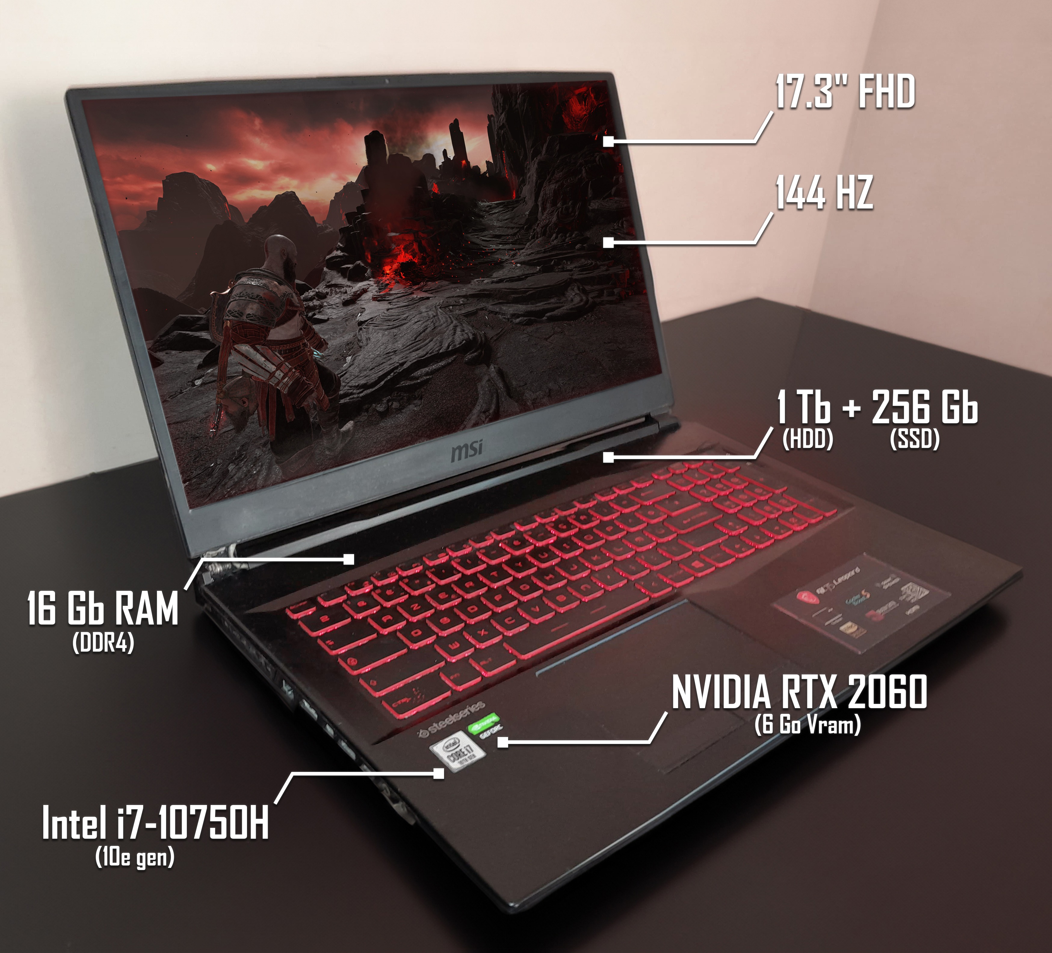 Tech product photography with specification callouts for gaming laptop