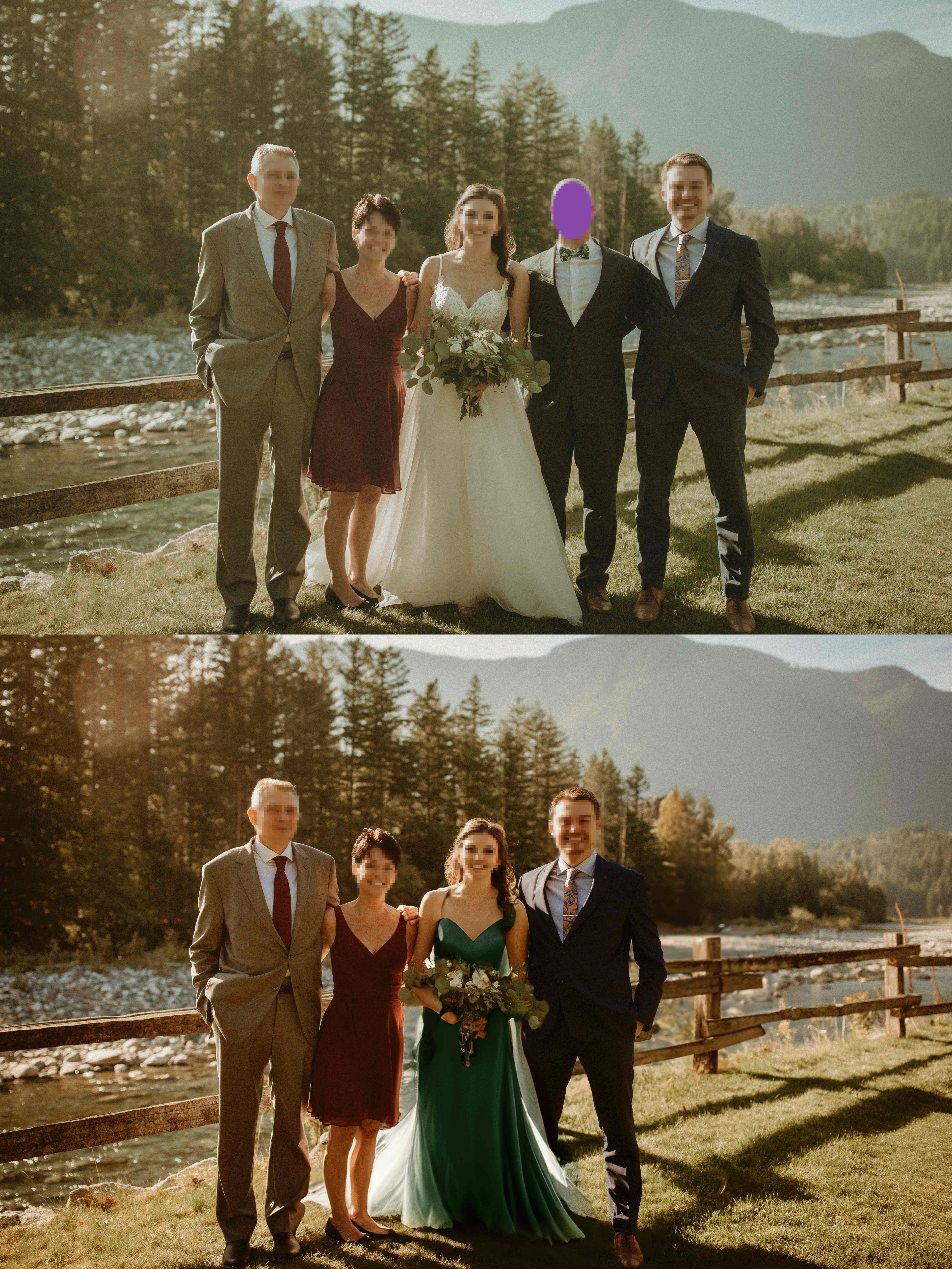 Wedding dress color change and person removal - before and after